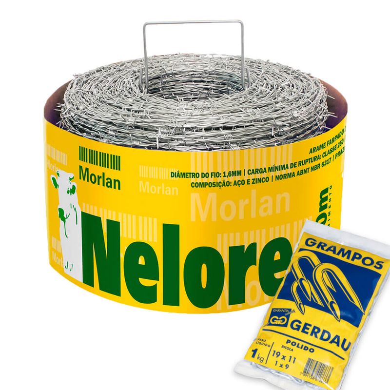 Kit-Arame-Farpado-Nelore-Morlan-500-Metros-com-Grampo-Gerdau-Polido-19x11-para-Cerca