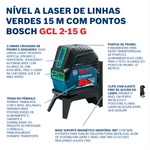 NivelaLaserVerdeBoschGCL215GPontosPrumo15MeMaleta