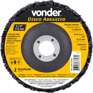 Disco Abrasivo Vonder 4.1/2 Polegadas Furo de 7/8” 22,23mm