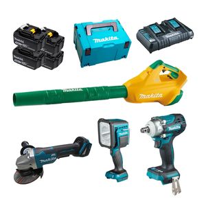 Kit Makita Soprador DUB362Z, Chave de Impacto, Lanterna e Esmerilhadeira